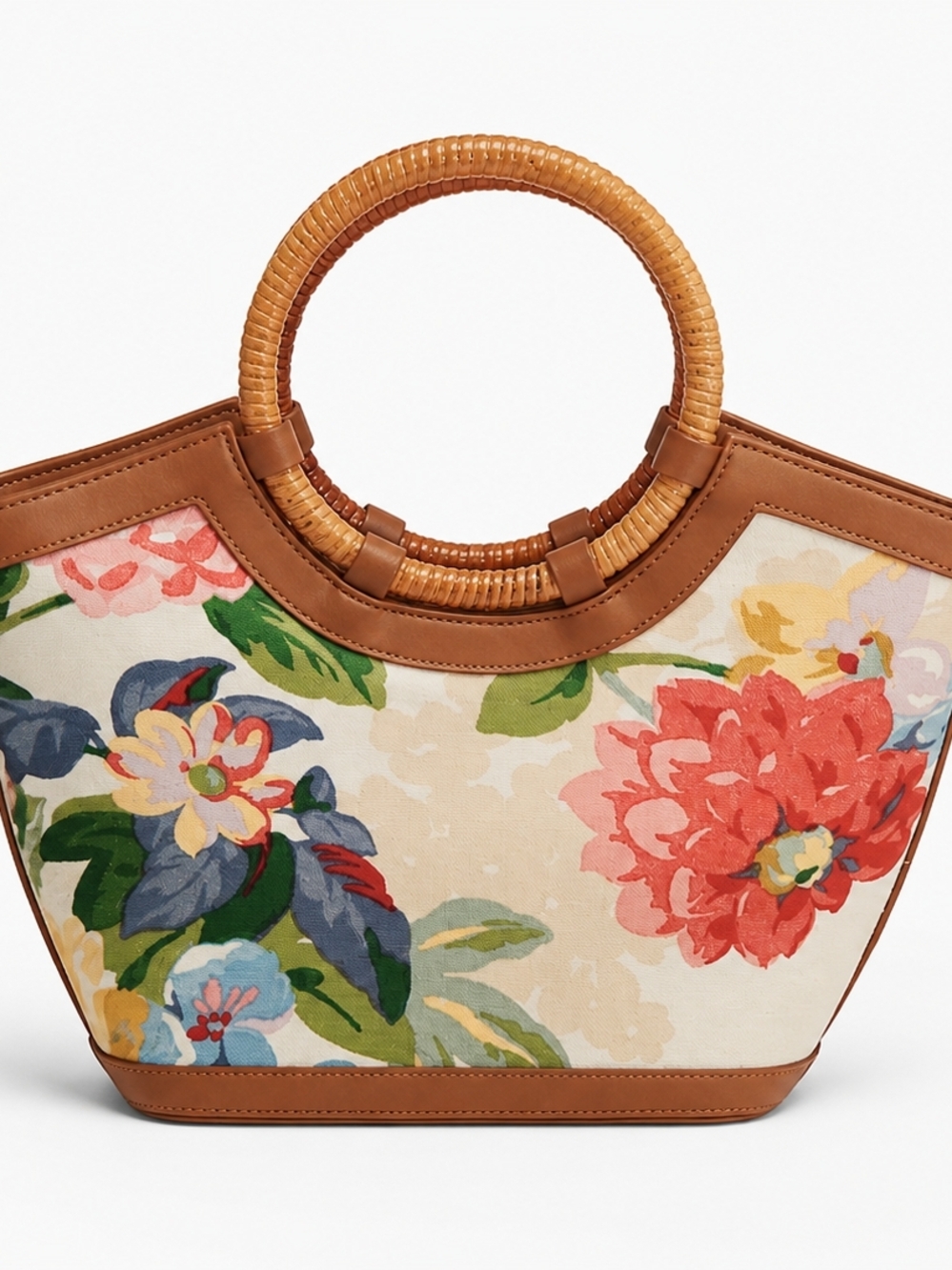 Fossil Floral Canvas Tote with Brown Leather Trim and Rattan Handles